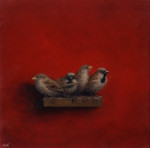 vier mussen op plankje op rood 22.5 x 22.3 cm