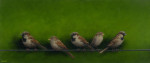 vijf mussen op draad op groen 42.0 x 17.6 cm