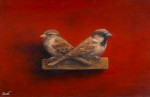 vrouw- en manmus op plankje op rood  14.8 x 9.7   op paneel